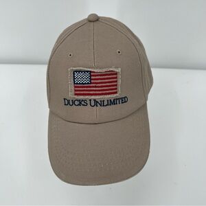 EUC Tan Embroidered Ducks Unlimited American Flag Adjustable Baseball Cap Hat